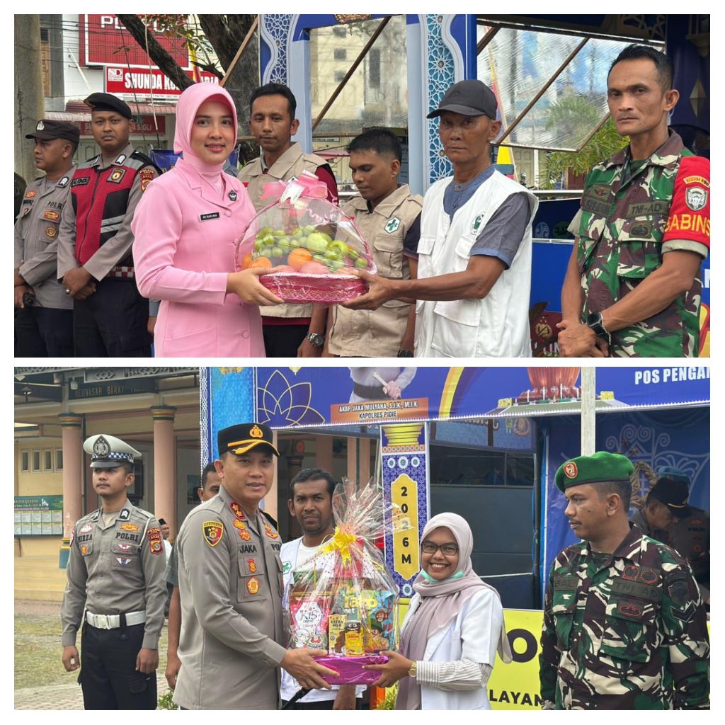 Kapolres Pidie dan Ketua Bhayangkari Cabang Pidie Kunjungi Pos Pam, Pos Yan dan Pos Pantau, Serahkan Bingkisan untuk Personel Pengamanan